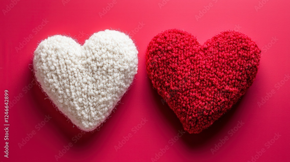 Cozy Heart Decoration in White and Red on Pink Background Cozy Heart Decoration in White and Red on Pink Background