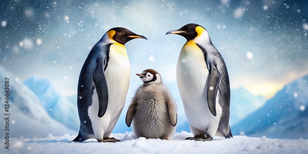 Fototapeta premium Adorable Penguin Family in Antarctic Snowscape: Winter Wildlife Scene