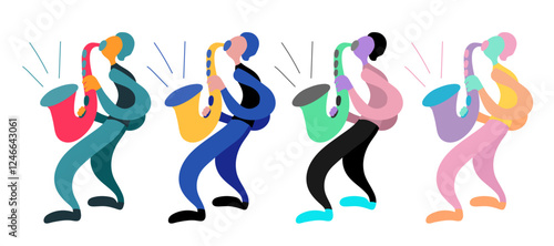 Vector flat illustration with doodle musicians. Saxophonist plays on his saxophone. Bright color trendy design for print, textile, postcard, advertising, music festivals, musical groups