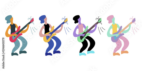 Vector flat illustration with doodle guitar player. Guitarist plays his instruments. Bright color trendy design for print, textile, postcard, advertising, music festivals, musical groups