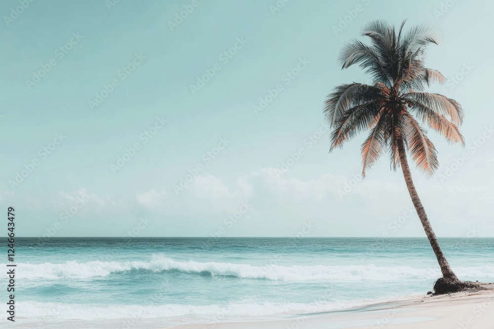 Fototapeta premium Breathtaking tropical beach with coconut palm and turquoise waves under clear skies. Generative AI