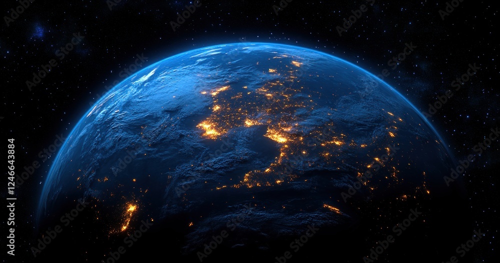 Earth from Space Showing Europe at Night with Teal Glow Highlights Political Borders and City Lights 3D Illustration Earth from Space Showing Europe at Night with Teal Glow Highlights Political Borders and City Lights 3D Illustration