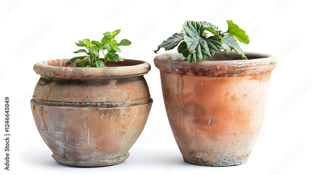 Fototapeta premium Basil plant in a clay pot isolated on a white background.