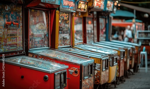Row of colorful vintage pinball machines at an outdoor amusement park