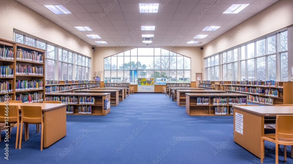 Large library with rows of bookshelves, reading desks, and warm lighting, perfect for learning and study Large library with rows of bookshelves, reading desks, and warm lighting, perfect for learning and study