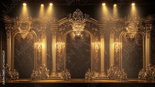 Luxurious golden stage design with focused spotlights and ornate decorations, ideal for award ceremonies