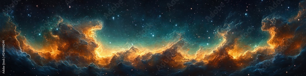 Fototapeta premium Vibrant Nebula and Stars in Cosmic Night Sky Panorama Science Background