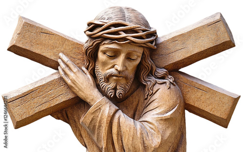 A Wooden Sculpture of Jesus Bearing the Cross Isolated On Transparent Background.