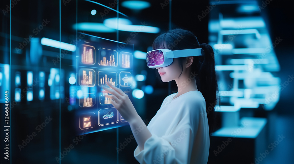 Woman Using Virtual Reality Headset in a Futuristic Technology Room Exploring Interactive Data Displays at Night Woman Using Virtual Reality Headset in a Futuristic Technology Room Exploring Interactive Data Displays at Night