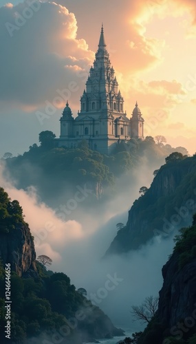 Majestic temple rises from clouds as misty veil lifts, morning, mystical, ancient photo