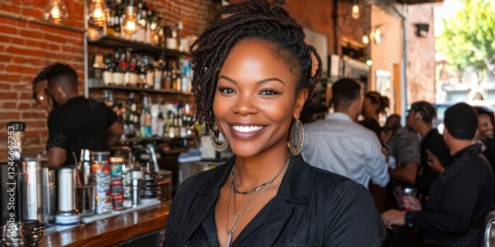 A smiling bartender stands at the bar, surrounded by a busy crowd. The lively atmosphere is enhanced by warm lighting and rustic decor, inviting patrons to enjoy their evening A smiling bartender stands at the bar, surrounded by a busy crowd. The lively atmosphere is enhanced by warm lighting and rustic decor, inviting patrons to enjoy their evening