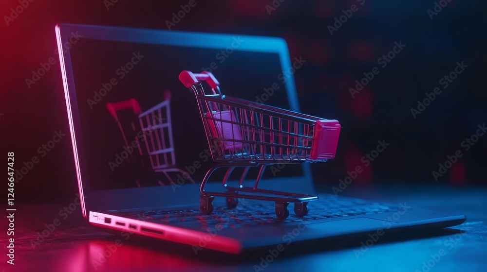 The shopping cart is on the laptop. The concept of online trading The shopping cart is on the laptop. The concept of online trading