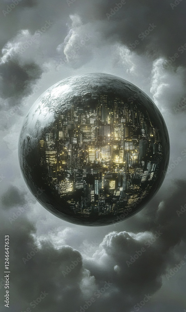 Naklejka premium Spherical city at night amidst cloudy sky, ideal for sci-fi or fantasy projects