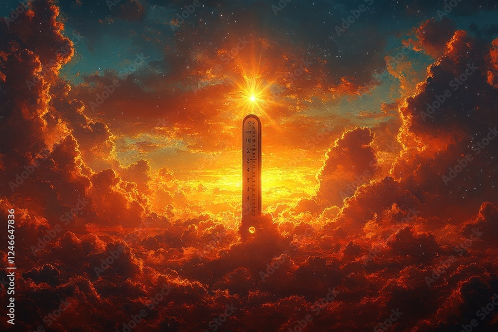 Obraz premium Vibrant Sunset with Thermometer in Warm Golden and Orange Sky