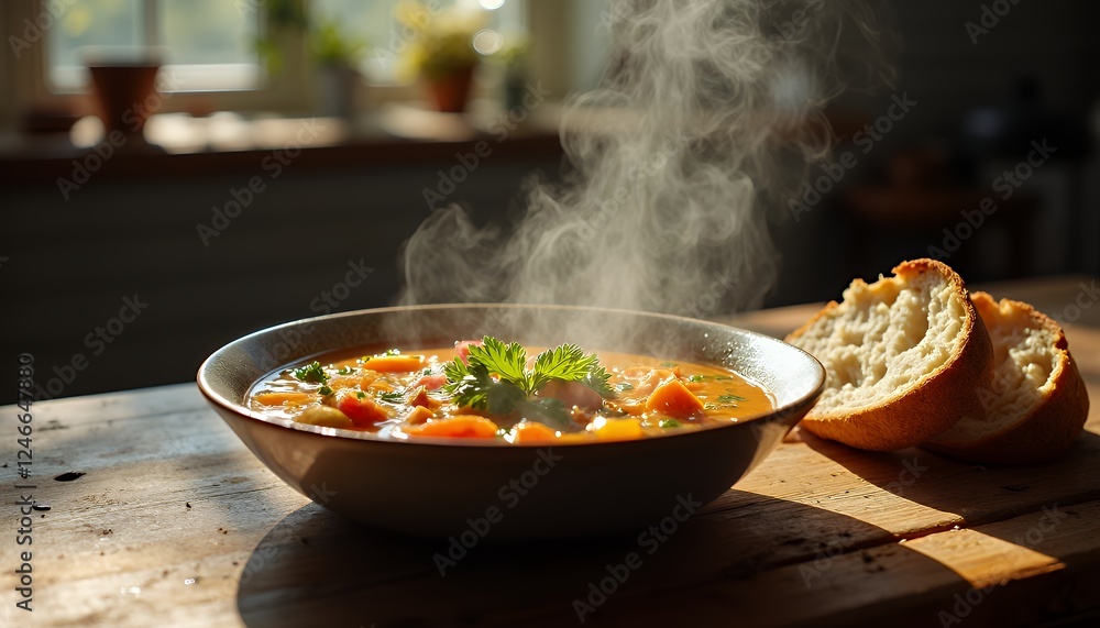 A Warm Bowl of Hearty Vegetable Soup with Fresh Bread A Warm Bowl of Hearty Vegetable Soup with Fresh Bread