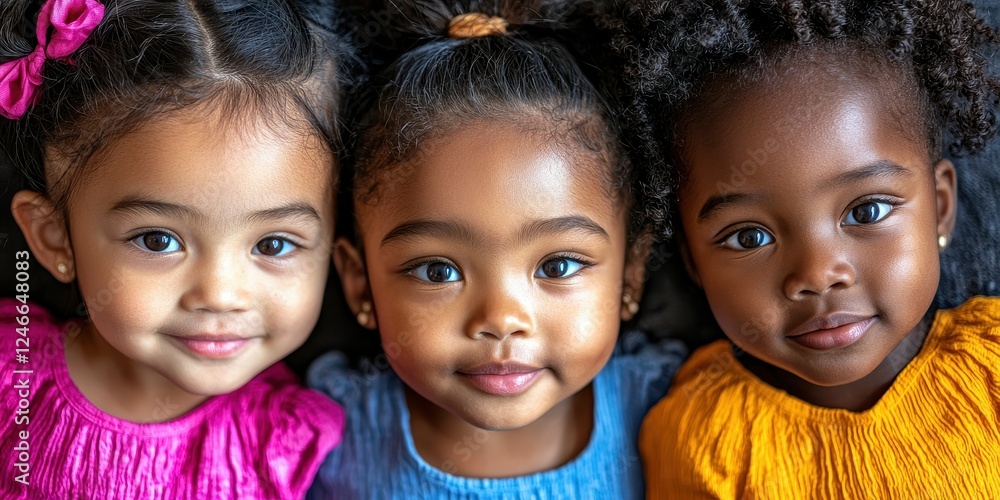 Three young girls with bright smiles pose closely together, wearing brightly colored outfits. The setting is warm and inviting, with soft lighting enhancing their joyful expressions Three young girls with bright smiles pose closely together, wearing brightly colored outfits. The setting is warm and inviting, with soft lighting enhancing their joyful expressions