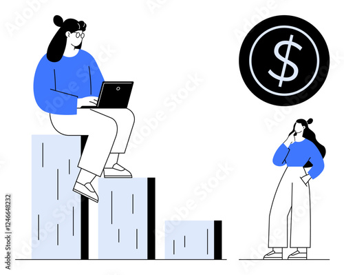 Two women discuss financial growth. One seated on bar graph with laptop, another standing with hand on chin by dollar sign. Ideal for investment, finance, growth, technology, analytics, business