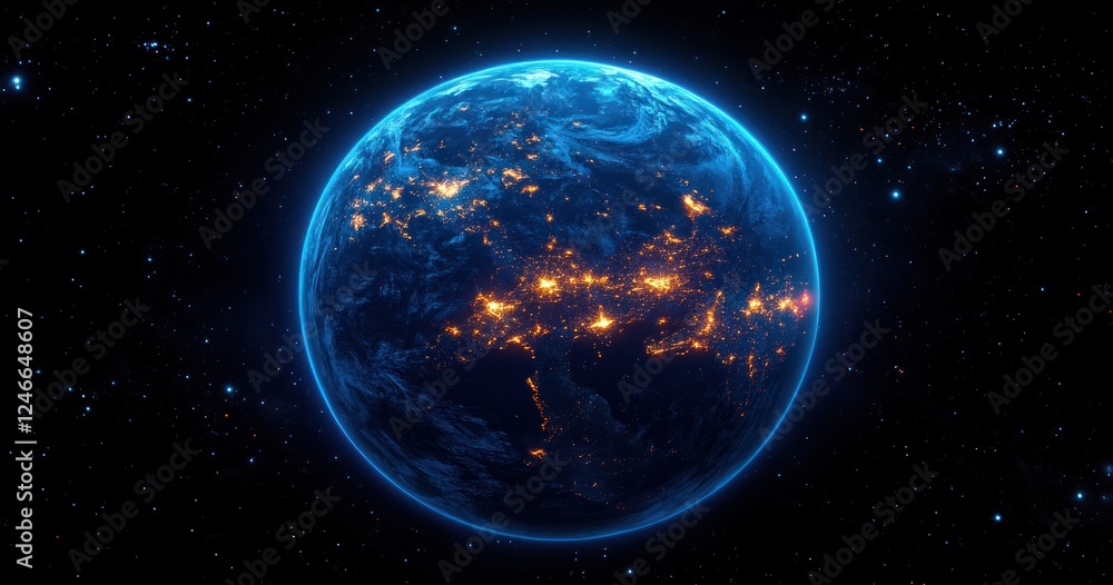 Fototapeta premium Earth from Space Digital Illustration of Europe City Lights Neon Borders Political Borders 2025 Cyberpunk Style