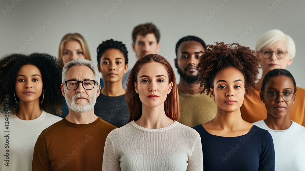 Diverse Group of Individuals Standing Together Expressing Unity and Strength in a Neutral Setting Diverse Group of Individuals Standing Together Expressing Unity and Strength in a Neutral Setting