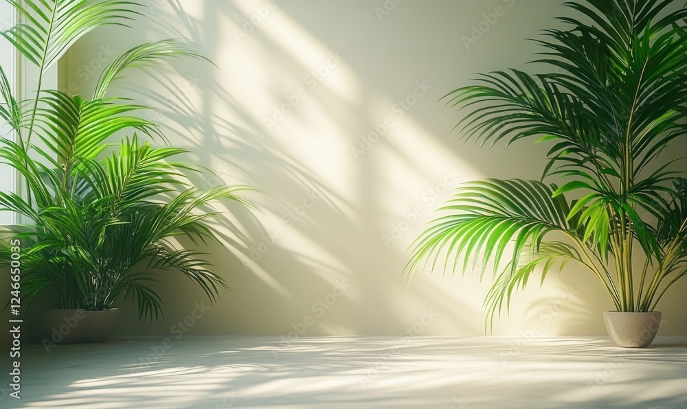 Minimalistic interior scene with soft palm leaf shadows on white wall natural light photography Minimalistic interior scene with soft palm leaf shadows on white wall natural light photography