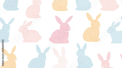 Silhouettes of colorful bunnies arranged in a seamless pastel pattern, playful decorative background for Easter-themed projects