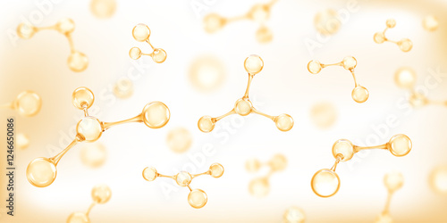 Molecules or atoms on light yellow background. Concept of biochemical, pharmaceutical, beauty, medical. Science or medical background. Vector 3d illustration