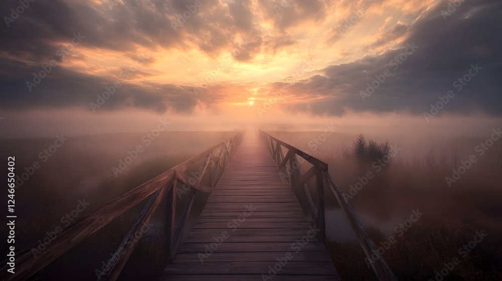 Obraz premium A wooden bridge leading to the sunrise over an open field, symbolizing hope and new beginnings