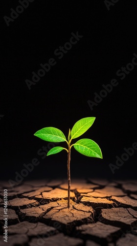 Single Green Sapling Growing in Cracked Earth Symbolizing Hope and Renewal in Challenging Environments