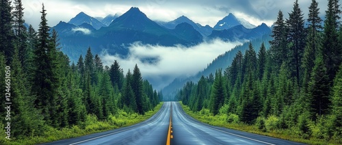 Wallpaper Mural Scenic Highway Winds Through Lush Forest Landscapes with Majestic Mountains Under Dramatic Cloudy Skies Torontodigital.ca