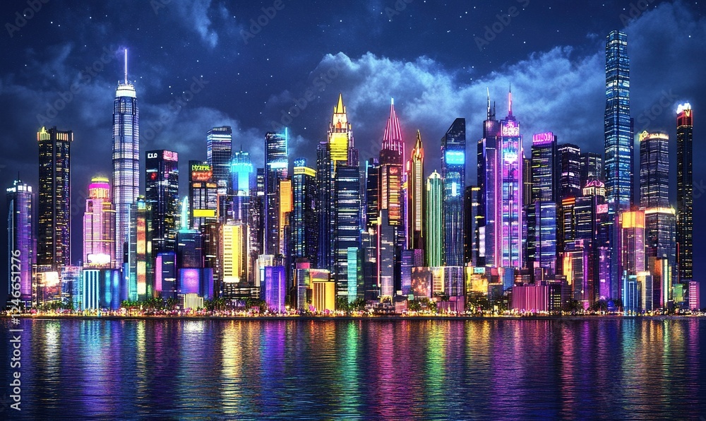 Fototapeta premium Vibrant cityscape at night reflected in calm water under cloudy, starry sky