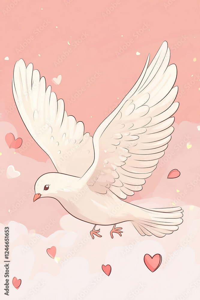 Peaceful dove in flight with hearts on a soft pink background Peaceful dove in flight with hearts on a soft pink background