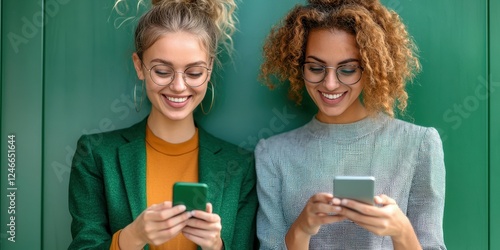 Two young women with distinctive hairstyles check their smartphones, smiling at each other in front of a vibrant green wall. They appear to be engaged and socializing