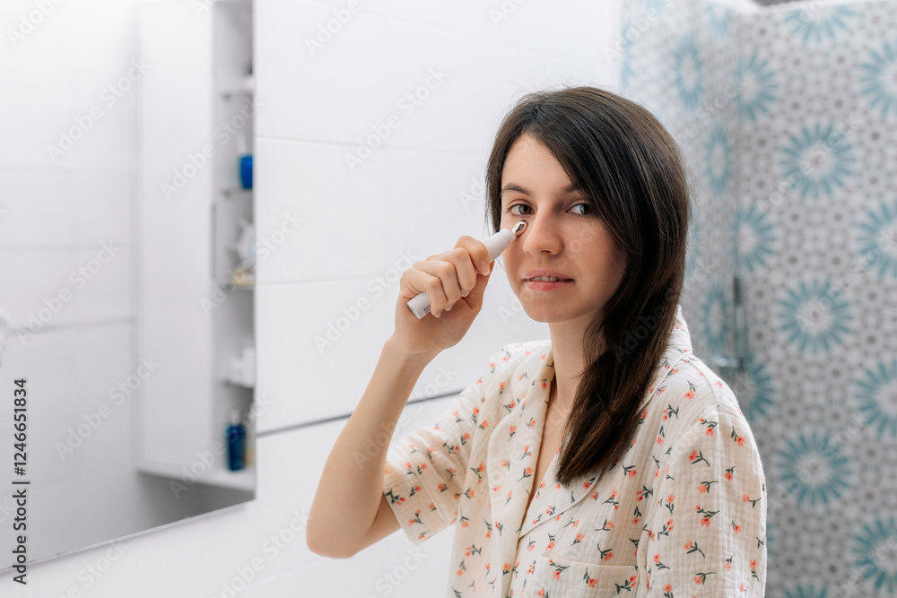 young woman applying eye cream with a roller