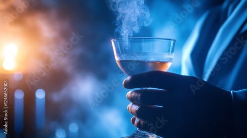 A hand elegantly holds a steaming cocktail glass in a moody, atmospheric setting with blue and orange hues photo