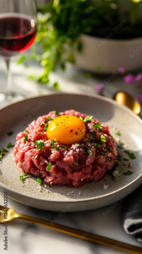 Indulgent beef tartare crowned with a luscious egg yolk, presented elegantly on a marble table, accompanied by gold flatware and a glass of fine wine Indulgent beef tartare crowned with a luscious egg yolk, presented elegantly on a marble table, accompanied by gold flatware and a glass of fine wine