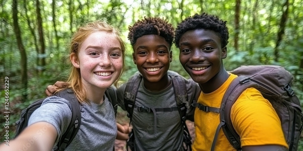 Three friends smile happily while hiking through a lush green forest. They wear casual clothing and backpacks, capturing a moment of adventure and camaraderie Three friends smile happily while hiking through a lush green forest. They wear casual clothing and backpacks, capturing a moment of adventure and camaraderie