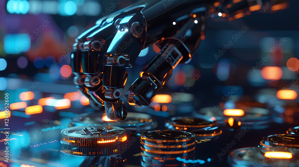 AI(Artificial Intelligence) and Financial Technology concept.Robot Hand holding stacking pile of coins and analyzing the stock market AI(Artificial Intelligence) and Financial Technology concept.Robot Hand holding stacking pile of coins and analyzing the stock market