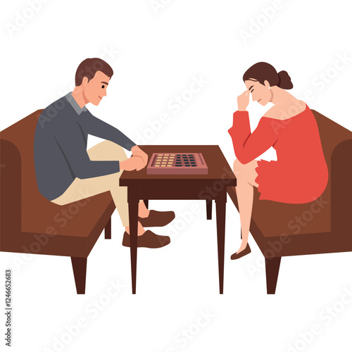 Couple engage in a strategic board game, woman deep in thought, the man focused on his next move. Flat vector illustration isolated on white background
