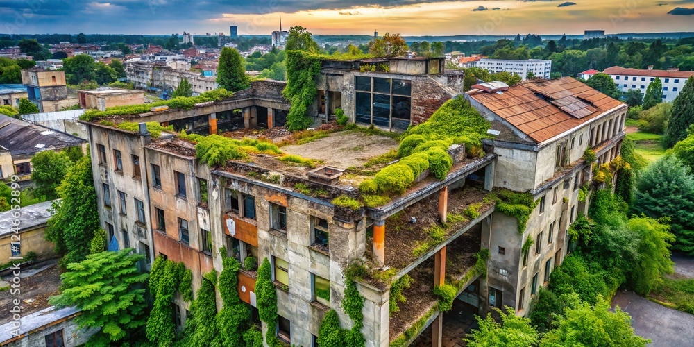 Fototapeta premium Aerial View of Poorly Constructed Building, Demolition Needed, Urban Renewal Project