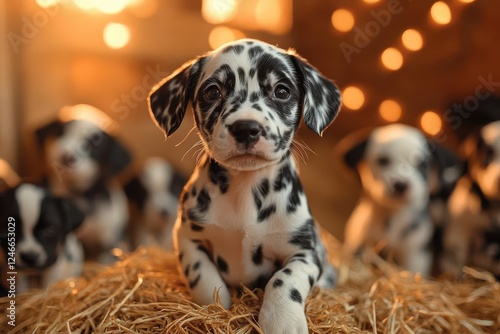 playful dalmatian puppies frolicking in rustic barn setting hay bales and warm sunlight streaming through wooden slats photo