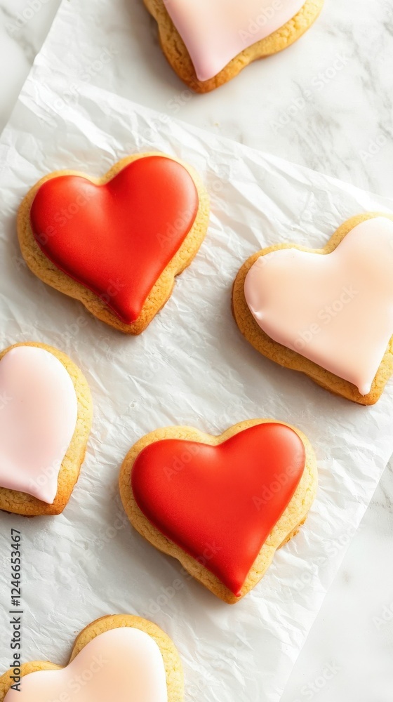 Obraz premium Beautiful Overhead Shot of Heart Shaped Cookies on Marble Surface with Colorful Icing
