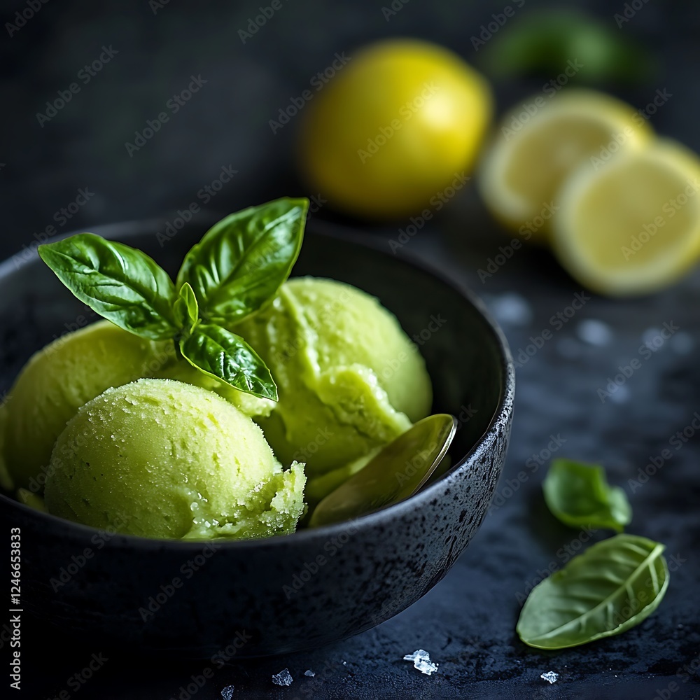 there is a bowl of ice cream with lemons and mint leaves there is a bowl of ice cream with lemons and mint leaves