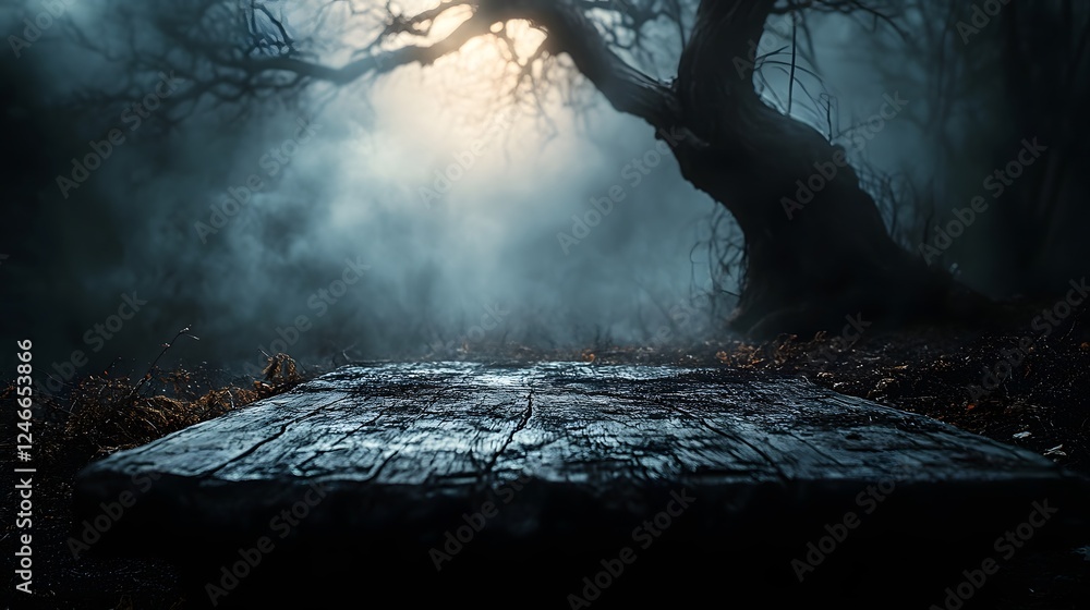 Obraz premium Mysterious Foggy Landscape with a Lone Tree and Atmospheric Light