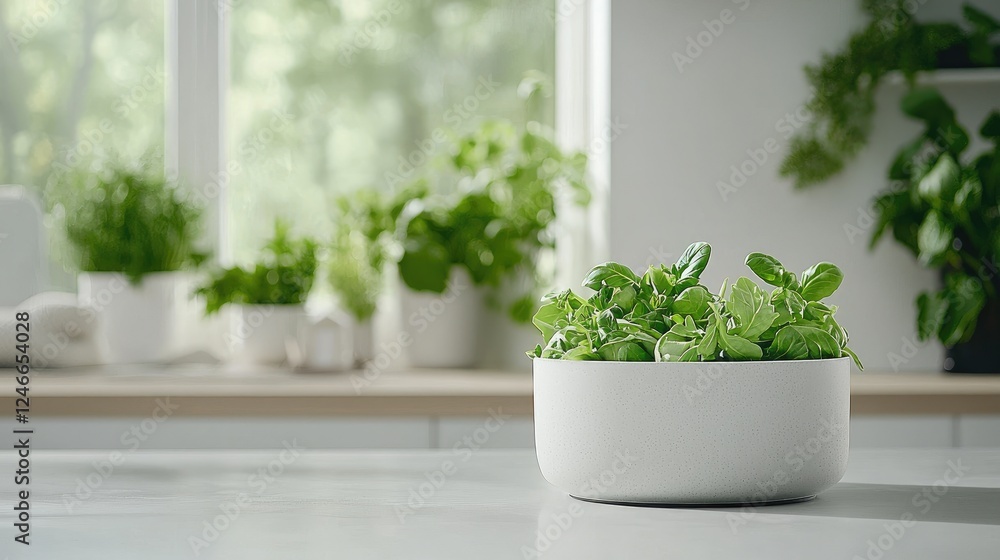Fresh basil in bowl, kitchen window background, healthy cooking Fresh basil in bowl, kitchen window background, healthy cooking
