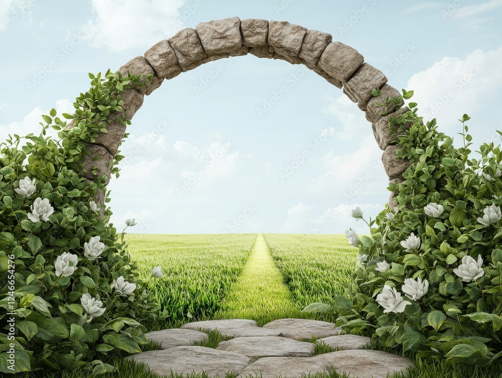 Fototapeta premium Serene Stone Archway Framed by Lush Greenery and White Flowers Leading to an Open Field Under a Bright Sky