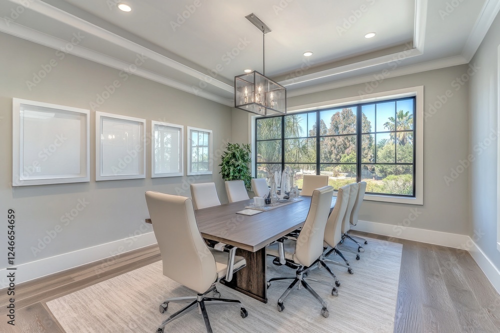 Modern Conference Room Mockup Featuring White Frames and Elegant Decor with Natural Light Modern Conference Room Mockup Featuring White Frames and Elegant Decor with Natural Light