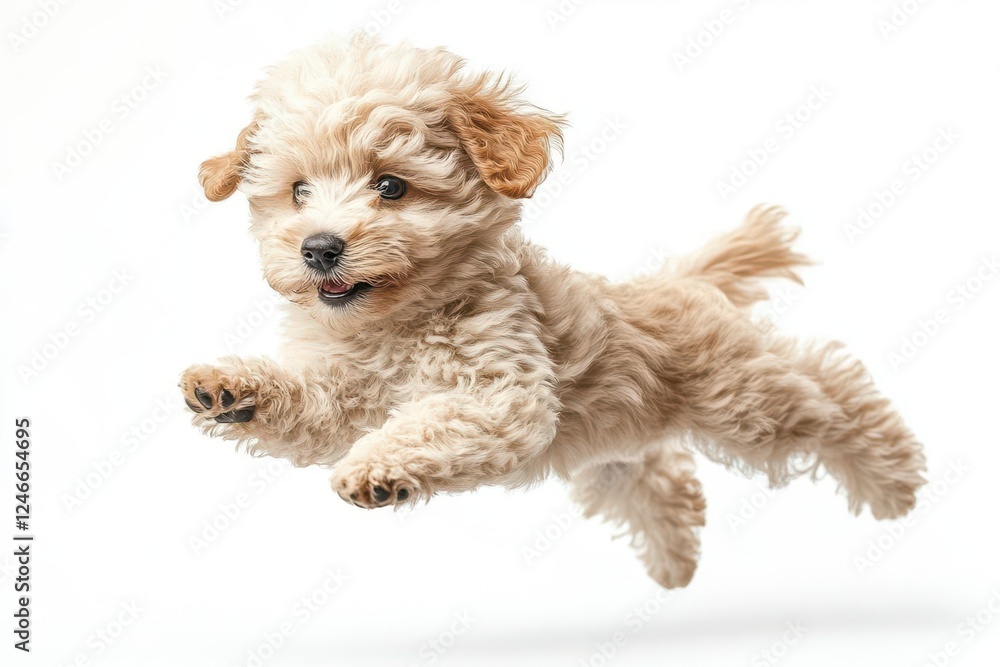 playful poodle puppy midjump against pure white background professional studio lighting capturing joyful expression and fluffy coat playful poodle puppy midjump against pure white background professional studio lighting capturing joyful expression and fluffy coat