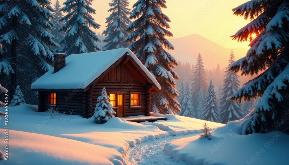 Fototapeta premium Warm golden light from the cabin's chimney dances across snow-covered trees, snow, cozy, peaceful