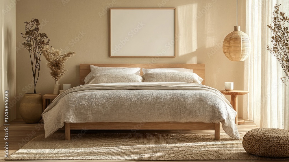 Fototapeta premium Modern Serene Bedroom with Empty Mockup Frame and Natural Elements for Peaceful Interior Design