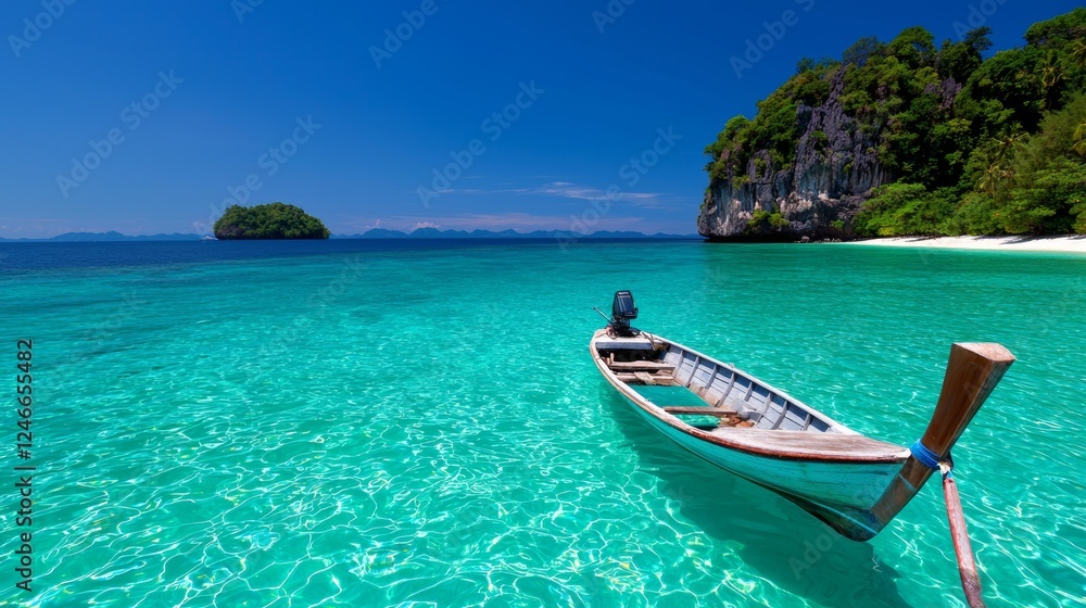 A serene boat rests on crystal-clear waters, surrounded by lush greenery and a vibrant blue sky, creating a picturesque tropical paradise. A serene boat rests on crystal-clear waters, surrounded by lush greenery and a vibrant blue sky, creating a picturesque tropical paradise.